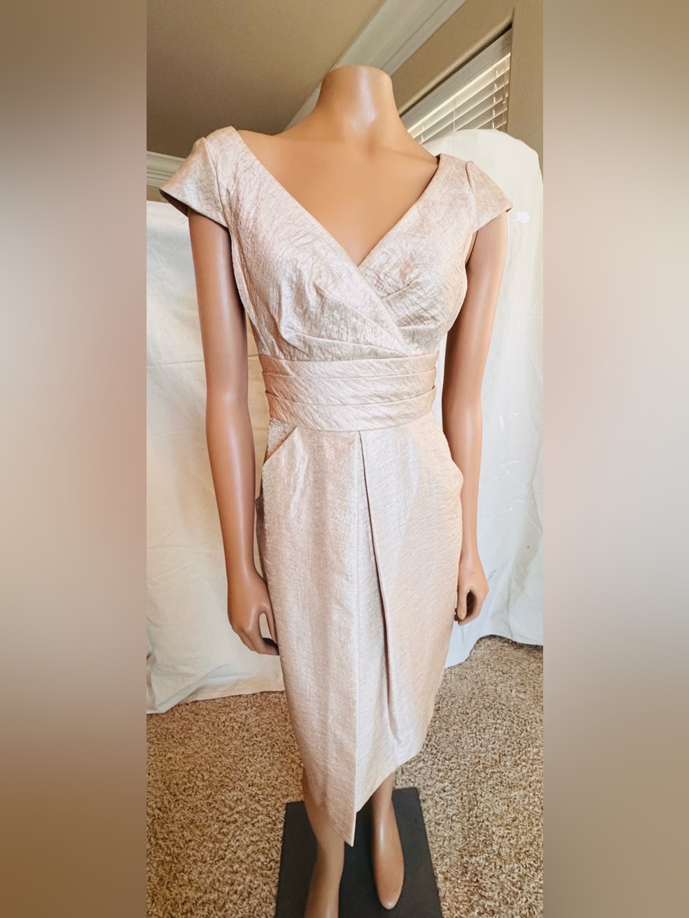 Elegant Blush Sheath Dress with V-Neck and Waist Detail Kay Unger